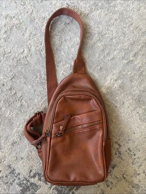 Men's Tan faux Leather Sling Belt Bag with Front Zip Pockets